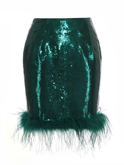 Shiny Dark Green Sequined Blazer And Skirt Set For Women-BMbridal