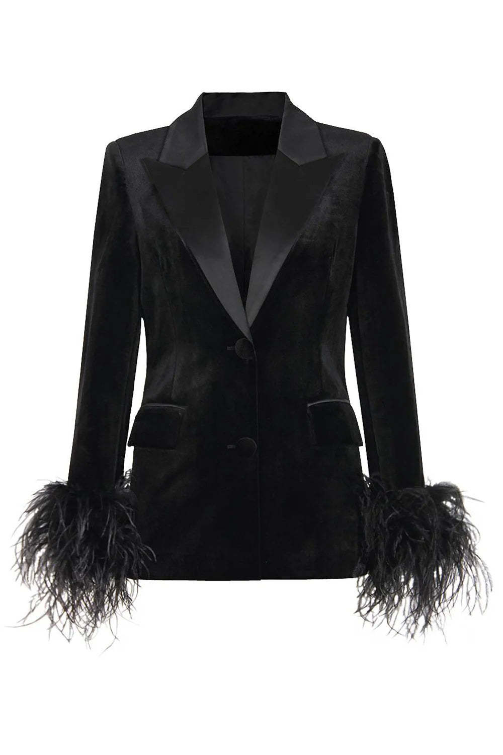 Black Velvet Coat For Women Featuring A Feather-Trimmed Peak Lapel-BMbridal