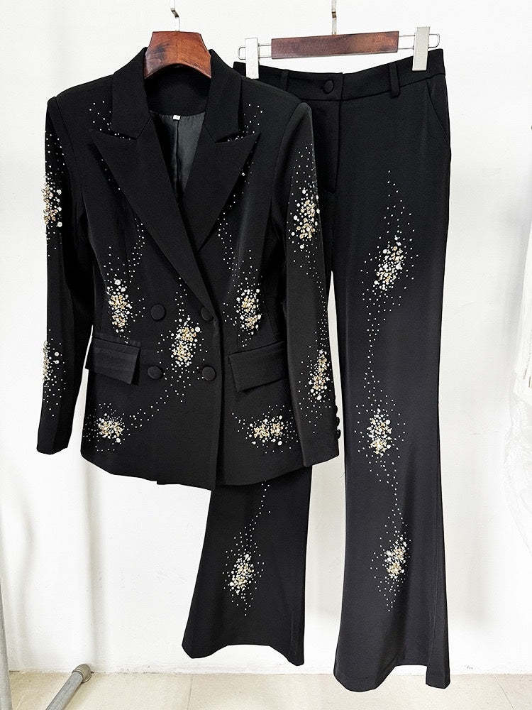 Double-Breasted Black Suits For Women With Sparkly Peak Lapels-BMbridal