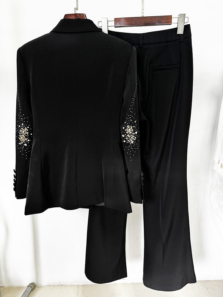 Double-Breasted Black Suits For Women With Sparkly Peak Lapels-BMbridal