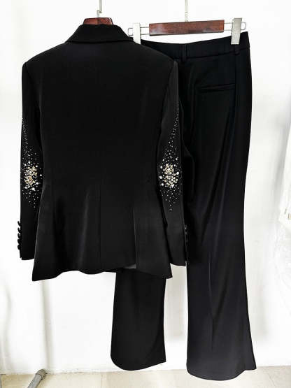 Double-Breasted Black Suits For Women With Sparkly Peak Lapels-BMbridal