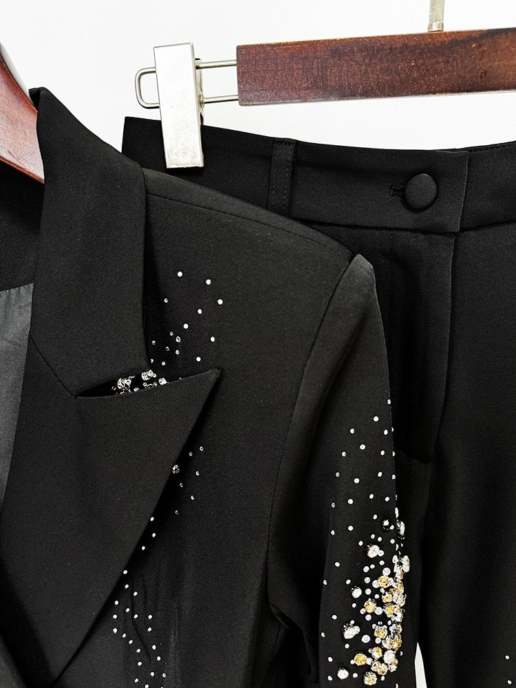 Double-Breasted Black Suits For Women With Sparkly Peak Lapels-BMbridal