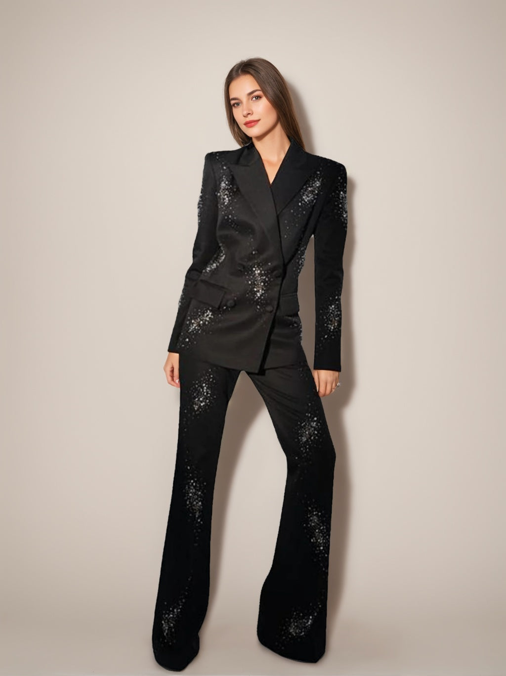 Double-Breasted Black Suits For Women With Sparkly Peak Lapels-BMbridal