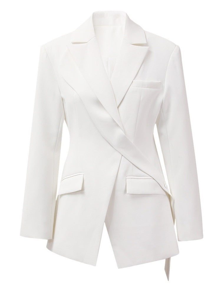 Asymmetric White Long-Sleeve Blazer For Women-BMbridal