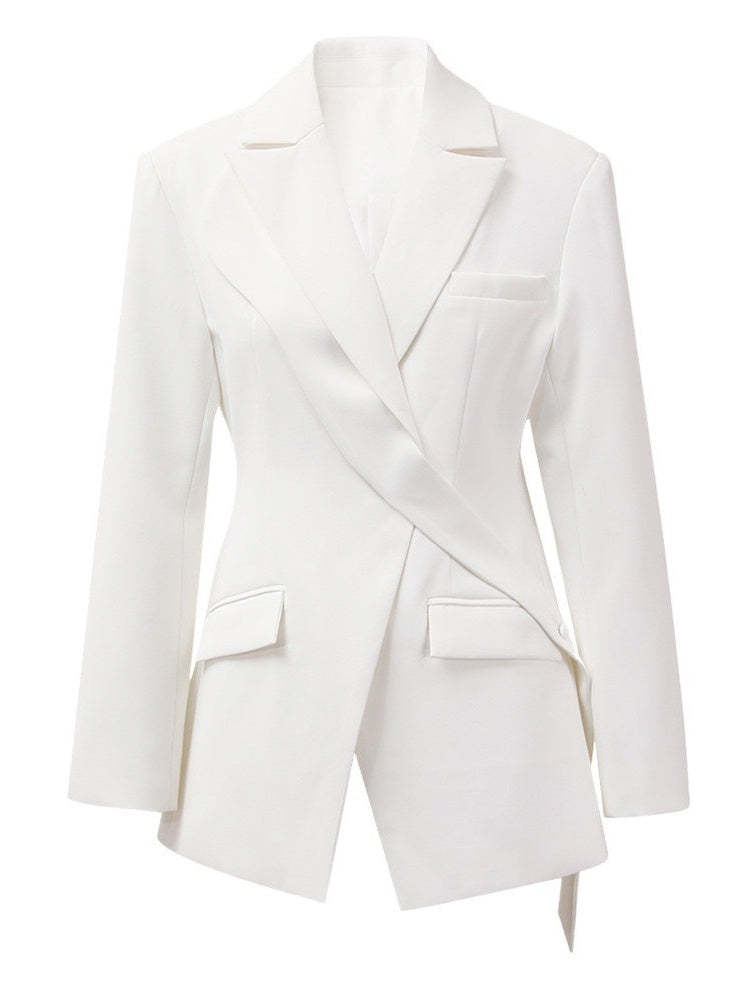 Asymmetric White Long-Sleeve Blazer For Women-BMbridal