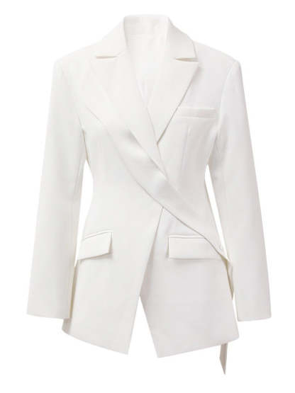 Asymmetric White Long-Sleeve Blazer For Women-BMbridal