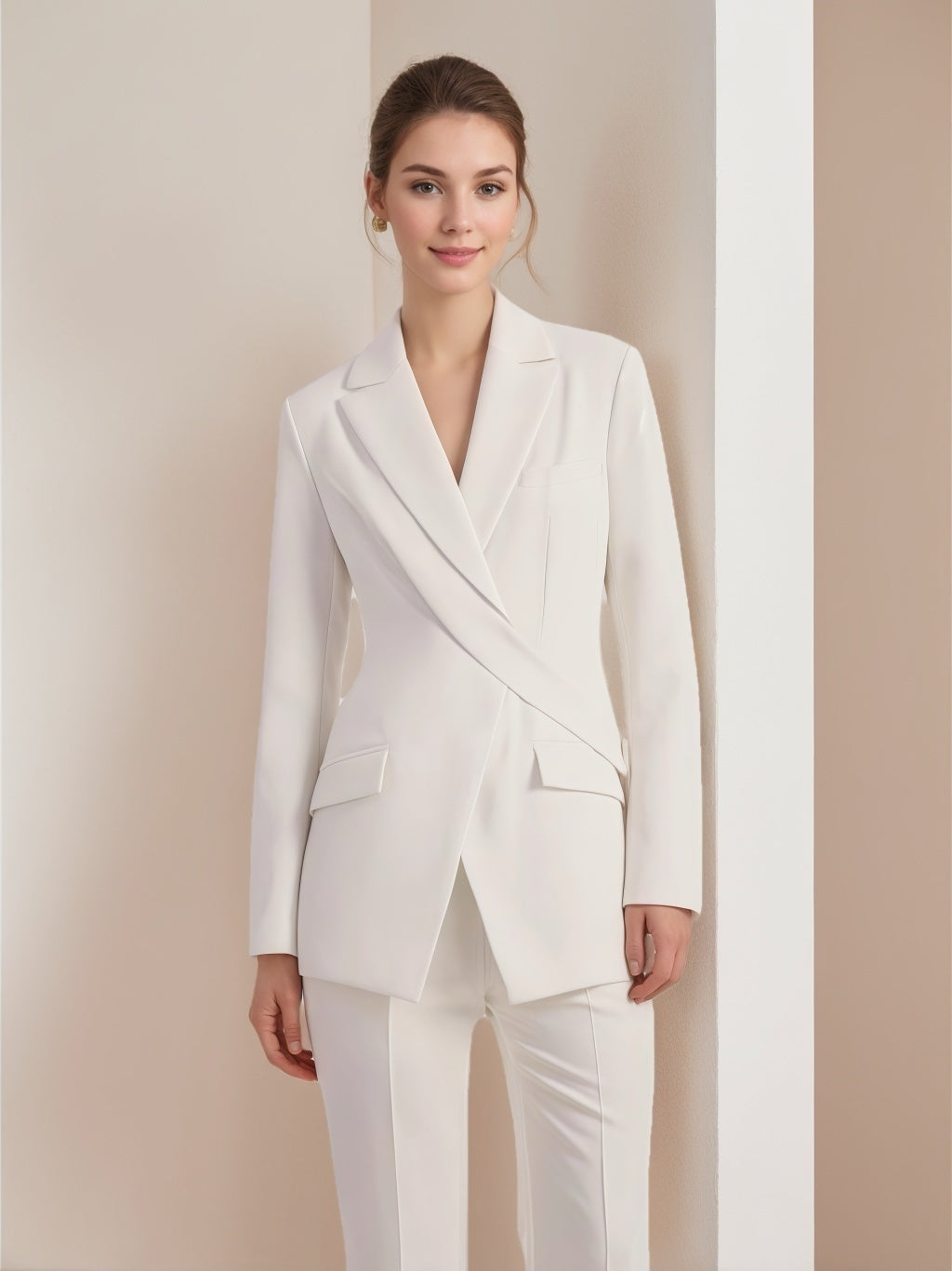 Asymmetric White Long-Sleeve Blazer For Women-BMbridal