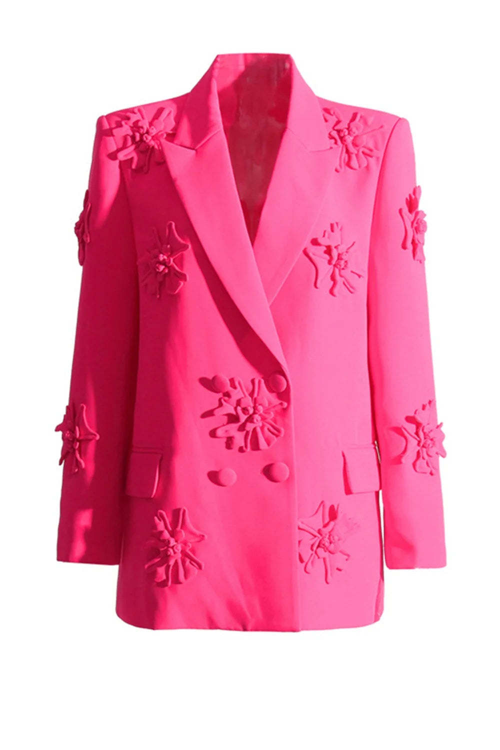 Fuchsia Double-Breasted Peak Lapel Blazer For Women Featuring Floral Details-BMbridal
