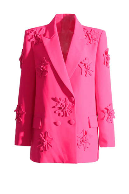Fuchsia Double-Breasted Peak Lapel Blazer For Women Featuring Floral Details-BMbridal