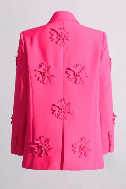 Fuchsia Double-Breasted Peak Lapel Blazer For Women Featuring Floral Details-BMbridal