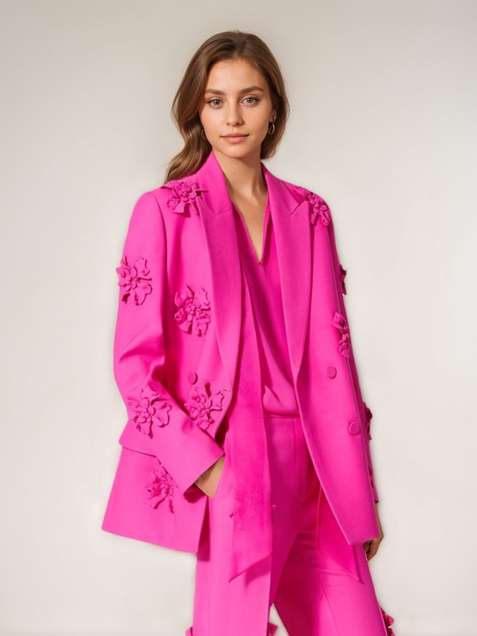 Fuchsia Double-Breasted Peak Lapel Blazer For Women Featuring Floral Details-BMbridal