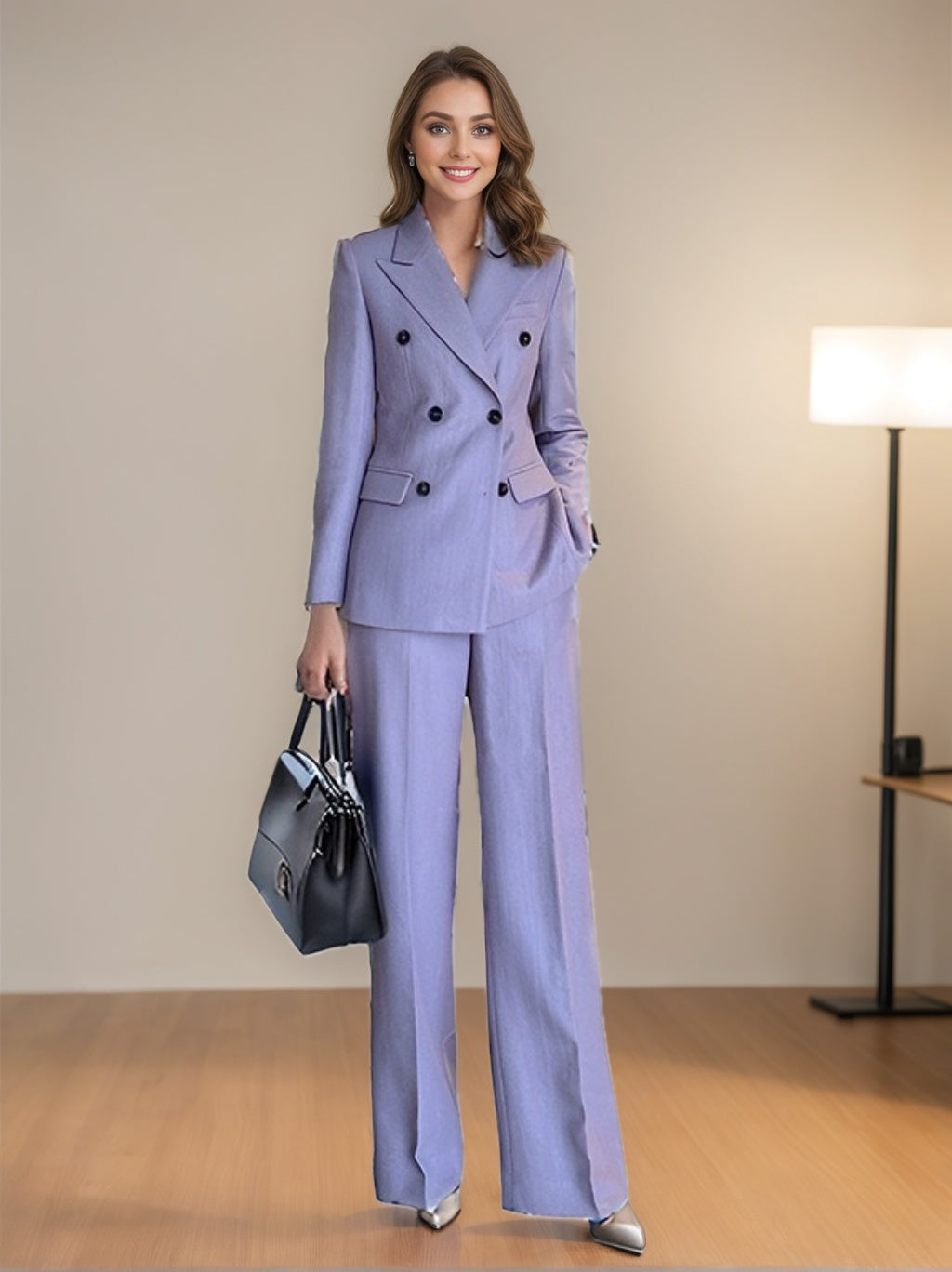Double Breasted 2-Piece Suits For Women In Purple Peak Laple Satin-BMbridal
