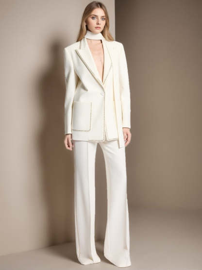 White Scarf Peak Lapel 2-Piece Suit For Women-BMbridal