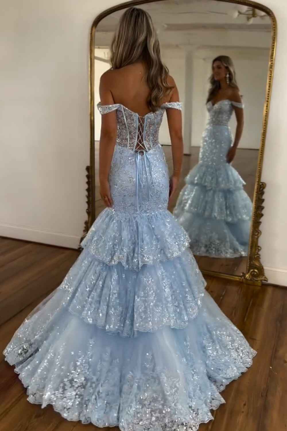 Light Blue Mermaid Off the Shoulder Tulle Tiered Long Corset Prom Dress with Sequins