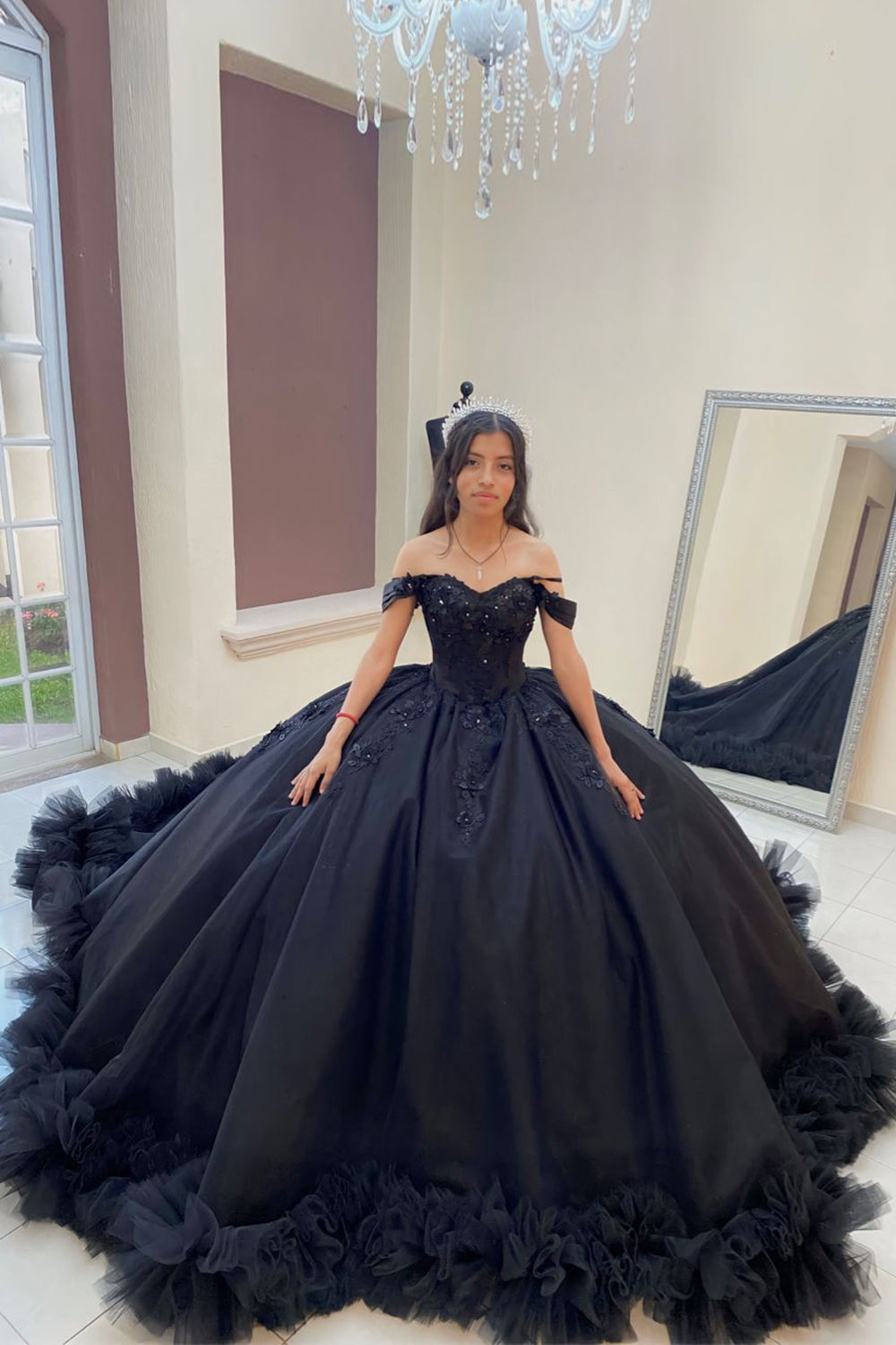 Quinceanera Ball Gown in Black with Off-the-Shoulder Design and Appliqued Train