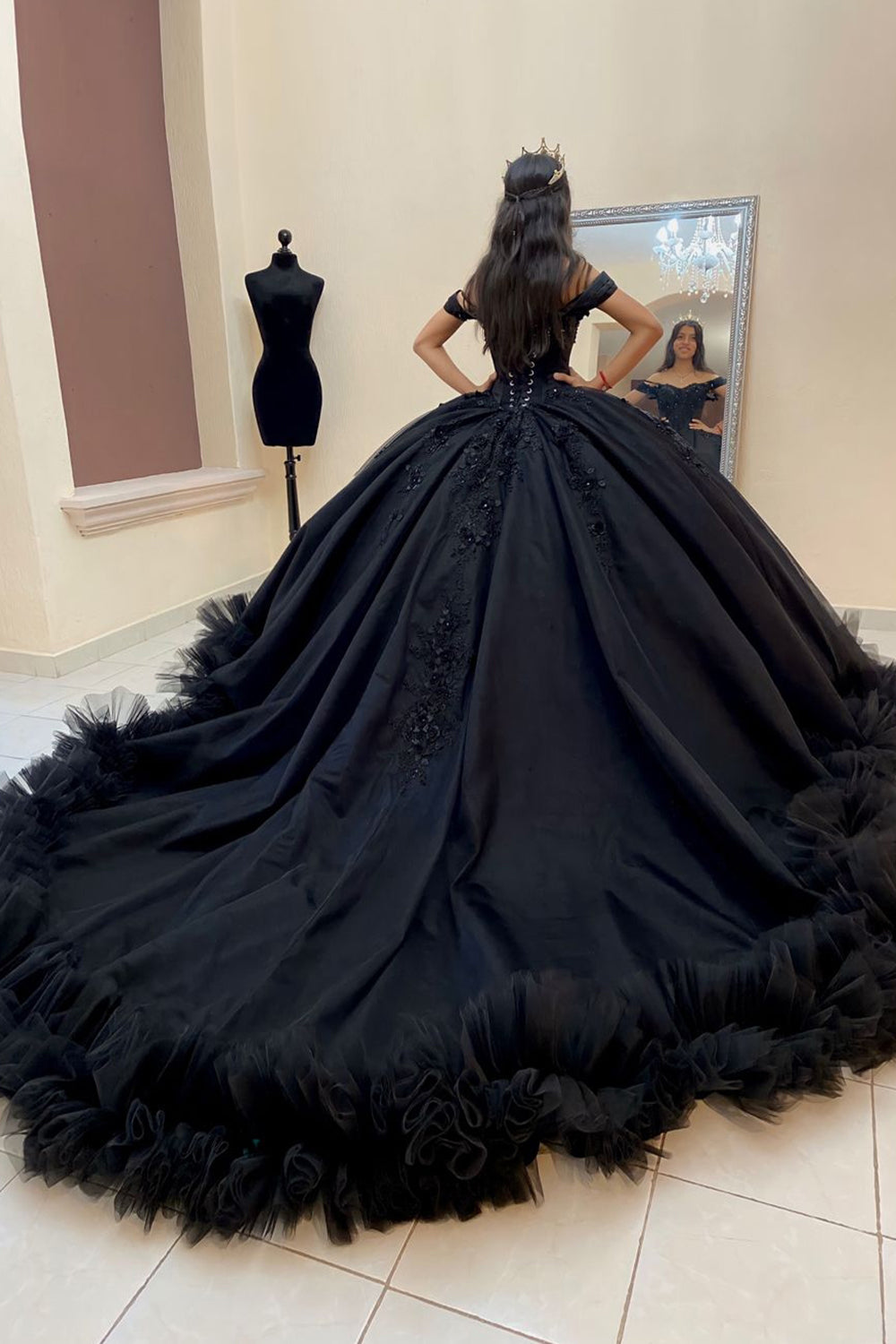 Quinceanera Ball Gown in Black with Off-the-Shoulder Design and Appliqued Train