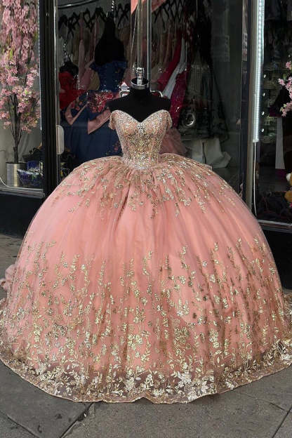 Sequined Off-the-Shoulder Quinceanera Dress with Sparkly Blush Beading