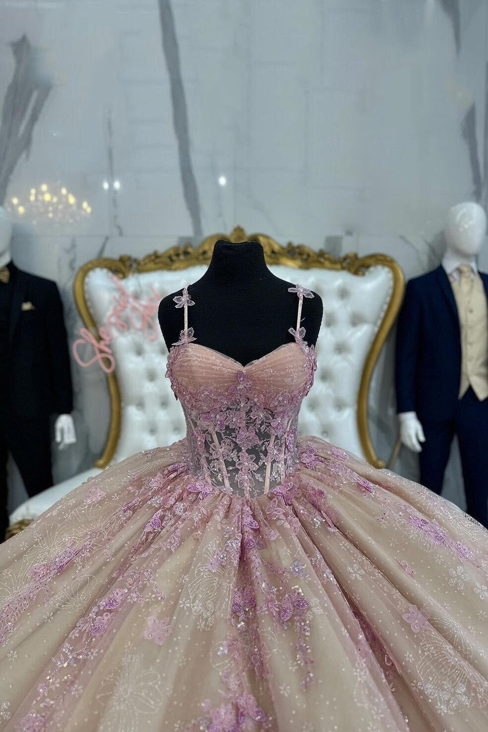 Quinceanera Dress in Blush Champagne with Spaghetti Straps and Appliques
