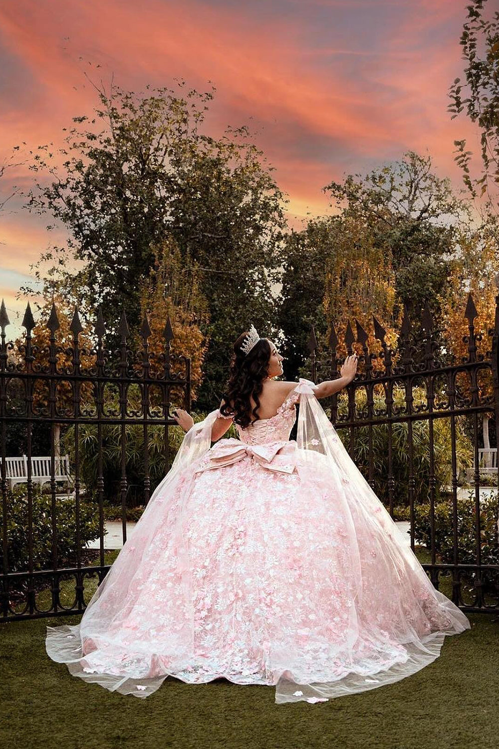 Off-the-Shoulder Ball Gown in Light Pink with Applique and Train for Quinceanera