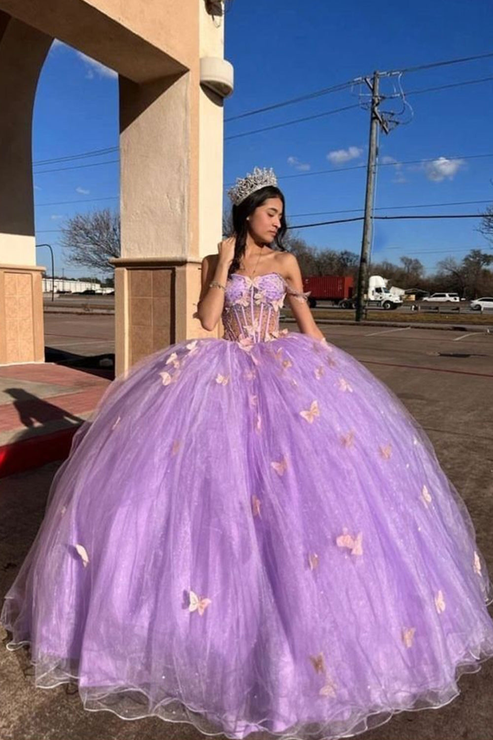 Quinceanera Ball Gown in Sparkly Purple Tulle with 3D Butterflies and Spaghetti Straps
