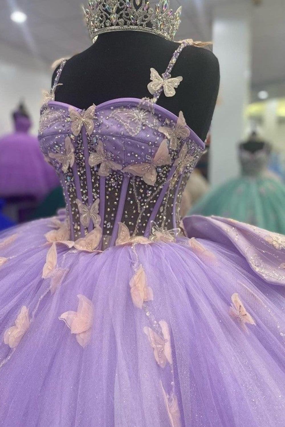 Quinceanera Ball Gown in Sparkly Purple Tulle with 3D Butterflies and Spaghetti Straps