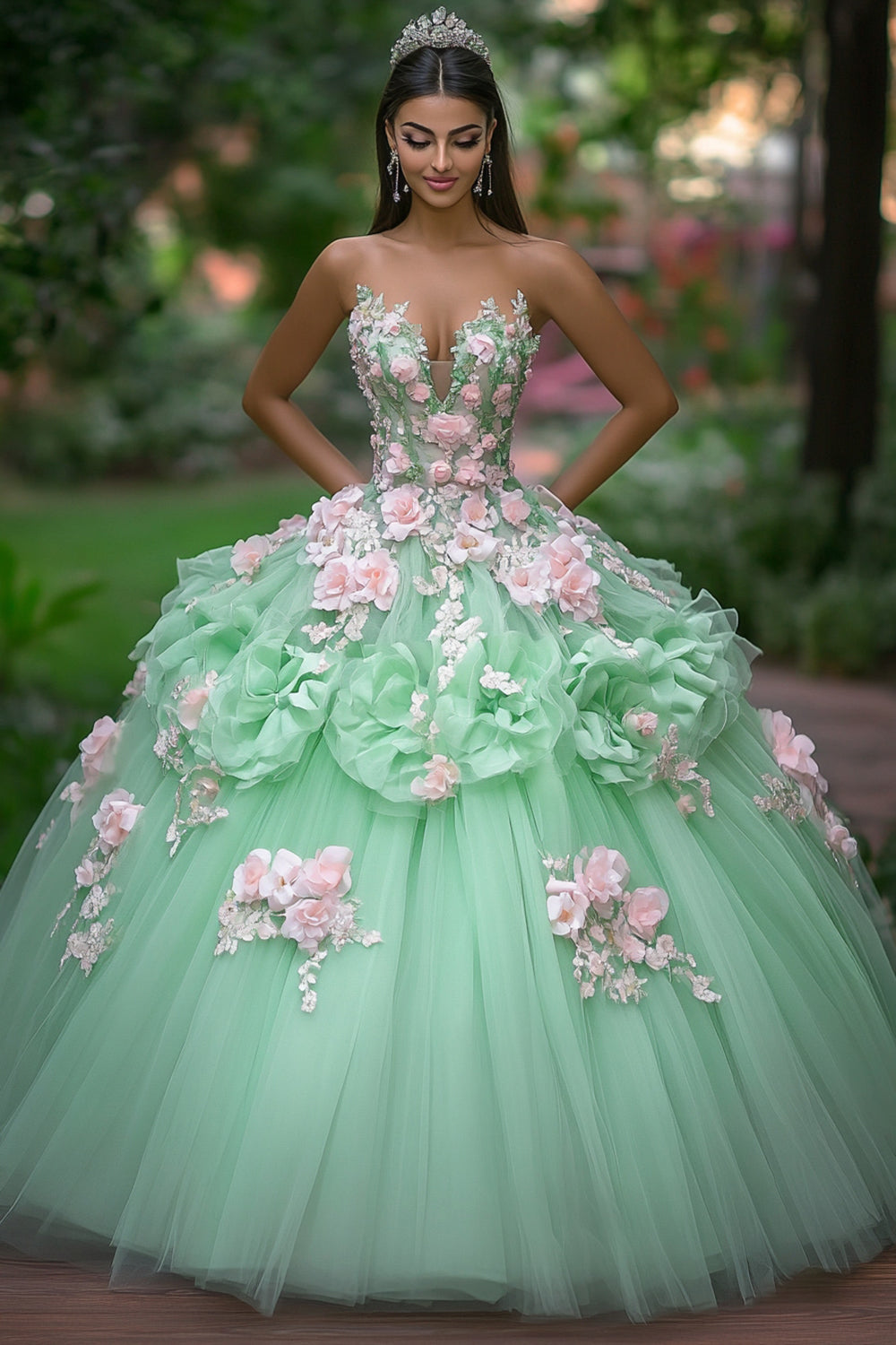 Princess Quinceanera Dress in Green Sweetheart Tulle with 3D Flowers