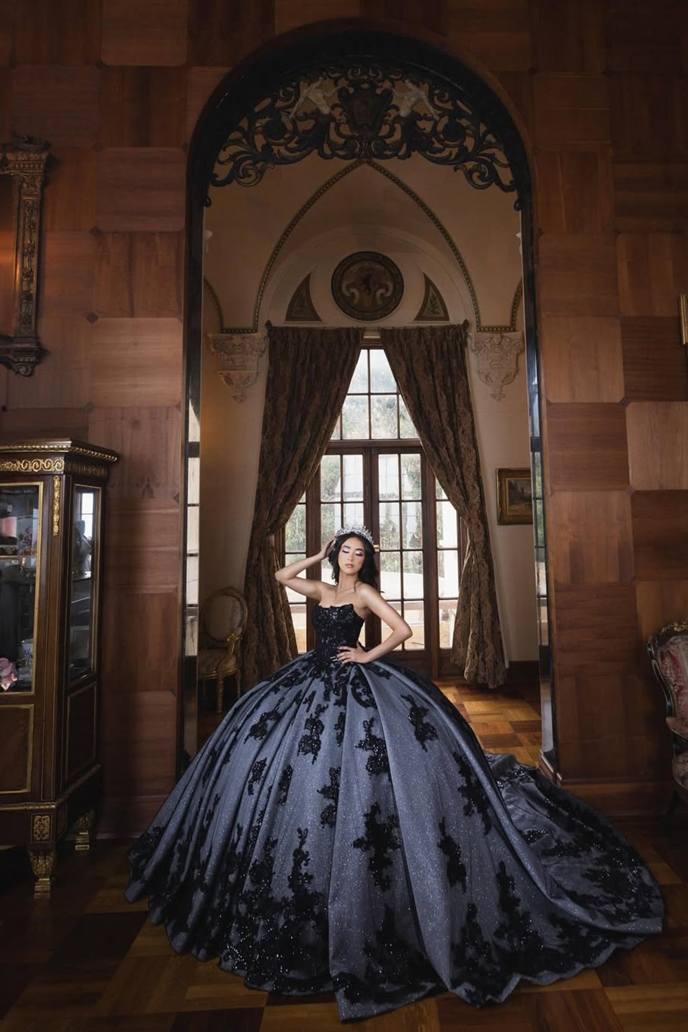 Black Sparkle Strapless Quinceanera Gown with Tulle Applique