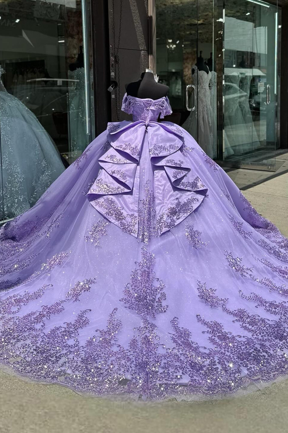 Off the Shoulder Purple Sparkly Tulle Quinceanera Ball Gown with Applique and Train