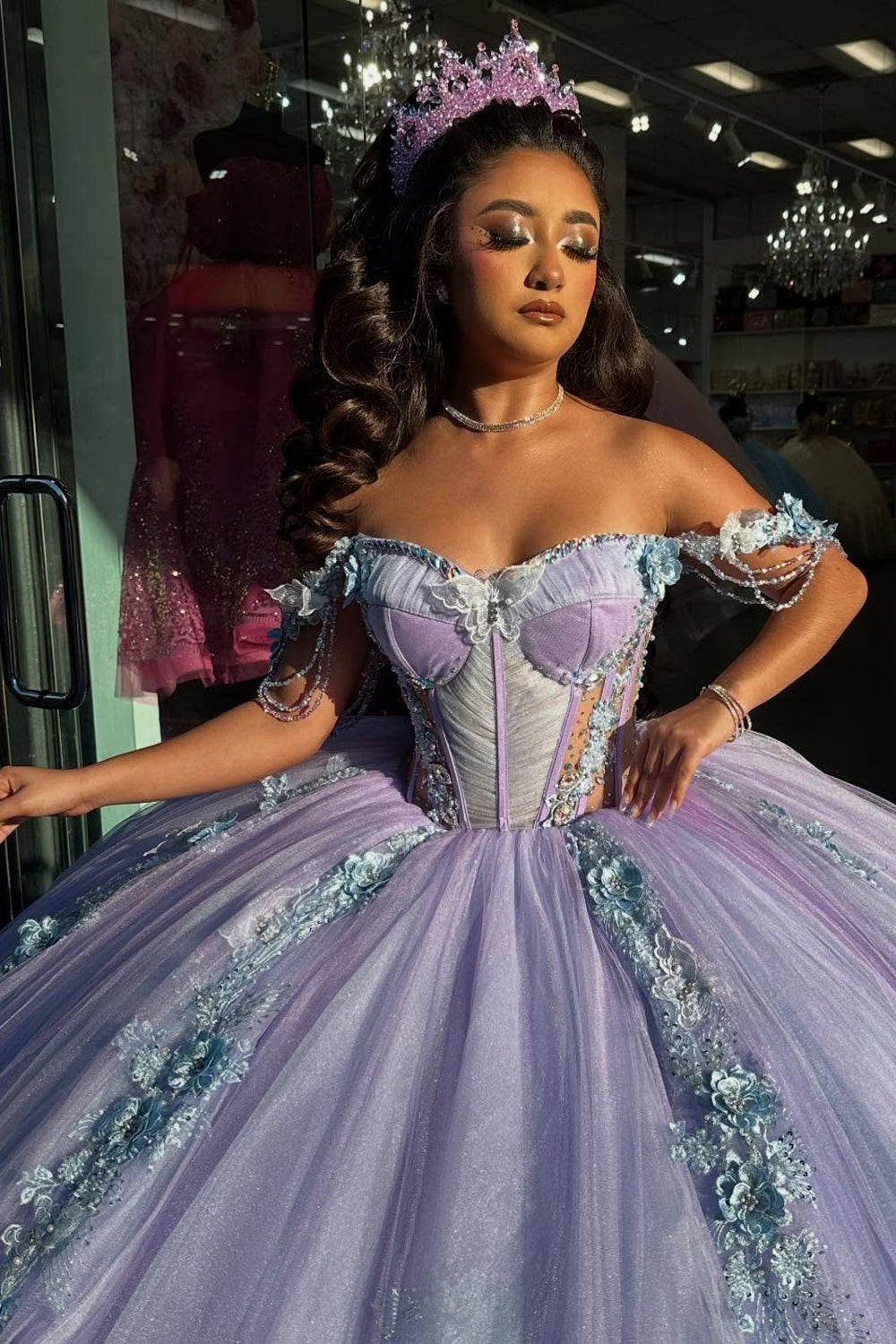 Off-the-Shoulder Lilac Ball Gown with Beaded Applique and Tulle for Quinceanera