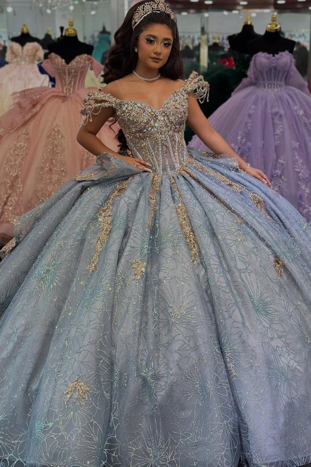 Grey Purple Sparkly Princess Quinceanera Dress with Beaded Applique and Off-Shoulder Tulle