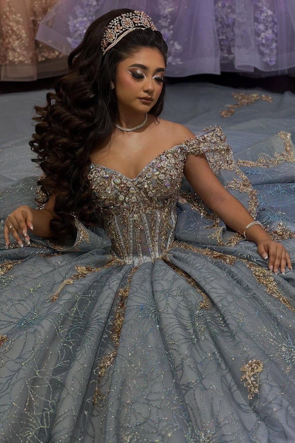 Grey Purple Sparkly Princess Quinceanera Dress with Beaded Applique and Off-Shoulder Tulle