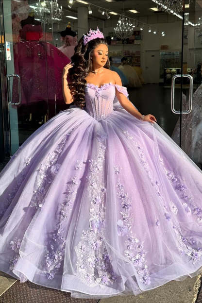 Lilac Floral Sparkly Off-the-Shoulder Tulle Quinceanera Ball Gown with Appliques