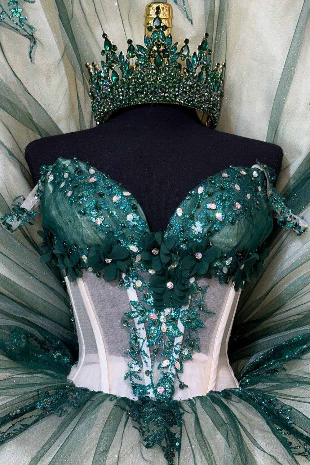Off-the-Shoulder Dark Green Quinceanera Dress with Beaded Applique and Sequins on Tulle