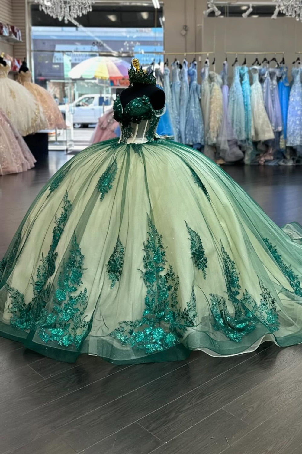 Off-the-Shoulder Dark Green Quinceanera Dress with Beaded Applique and Sequins on Tulle