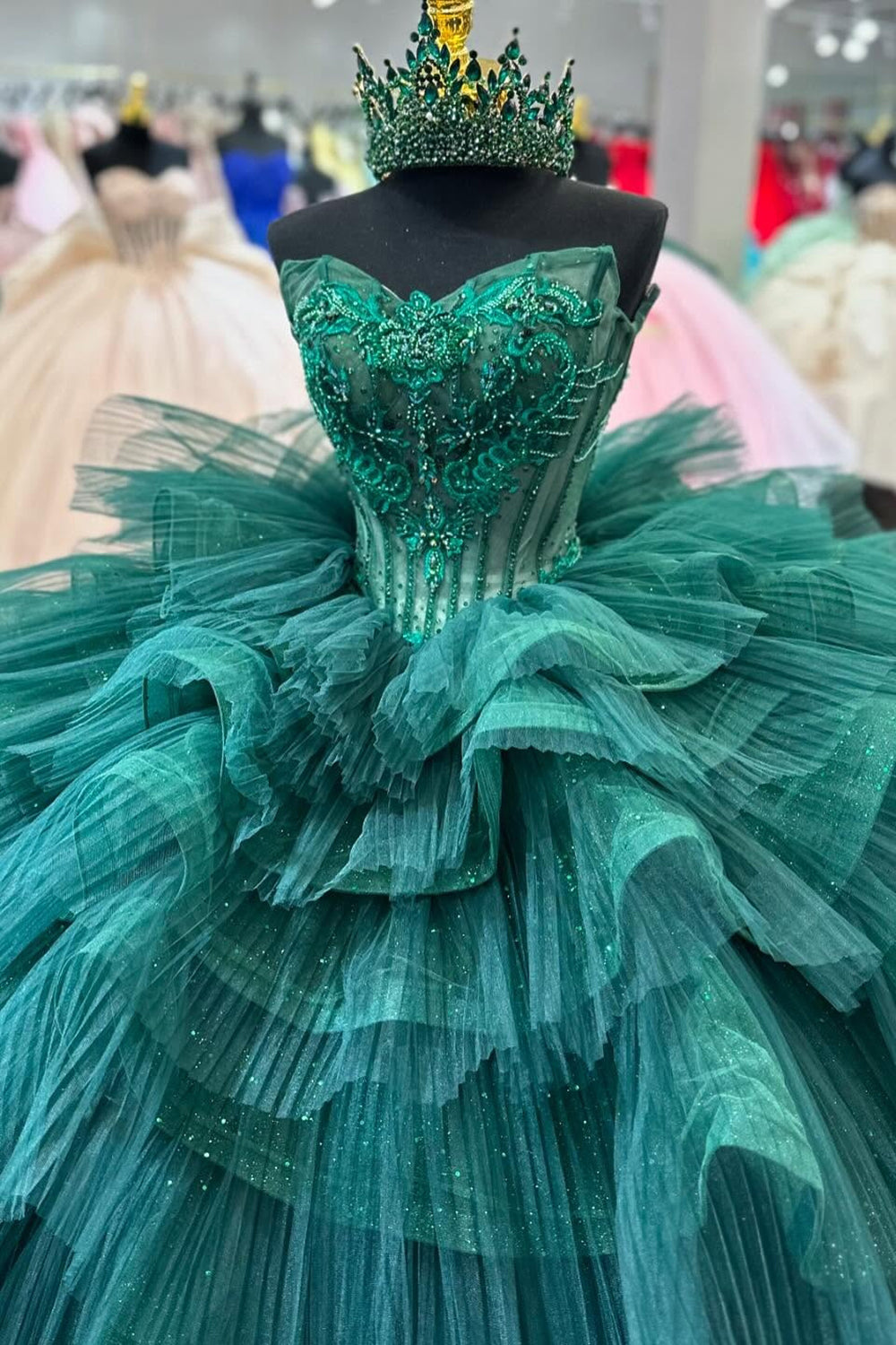 Sweetheart Dark Green Sparkly Tiered Princess Dress with Beaded Pleated Tulle