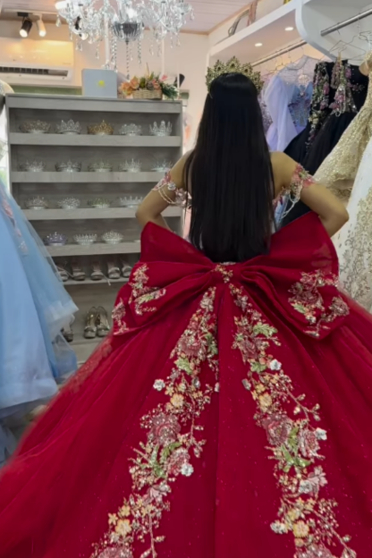 Long Tulle Quinceanera Dress with Beaded Embroidery and Bow in Pink Off the Shoulder Style