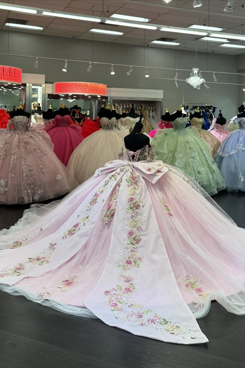 Long Tulle Quinceanera Dress with Beaded Embroidery and Bow in Pink Off the Shoulder Style