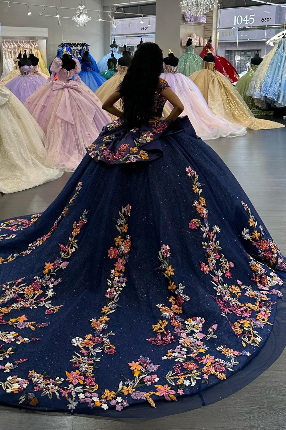 Navy Sparkle Off-Shoulder Applique Tulle Quinceanera Ball Gown with Train