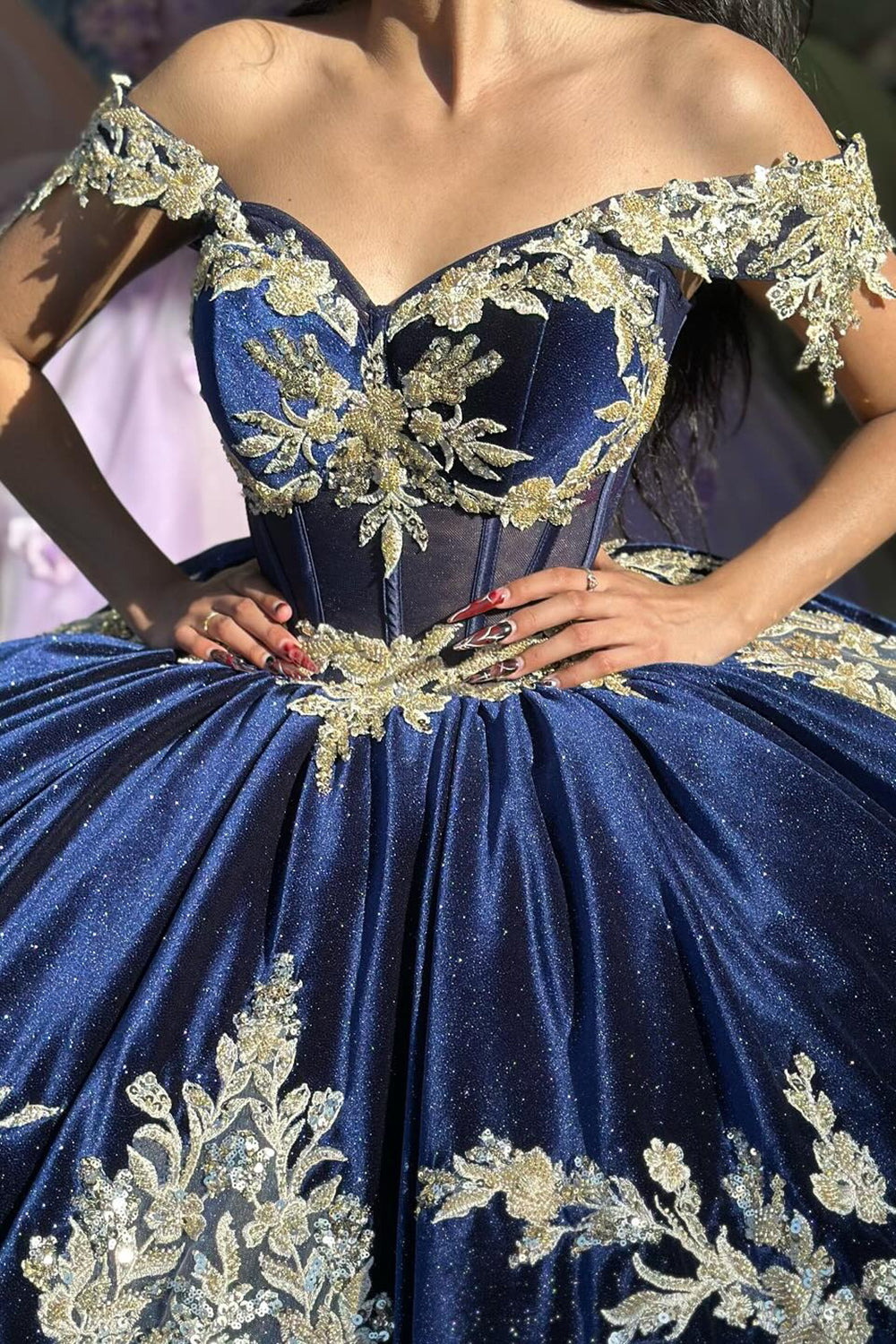 Princess Quinceanera Dress in Navy with Off-the-Shoulder Beaded Applique and Tulle