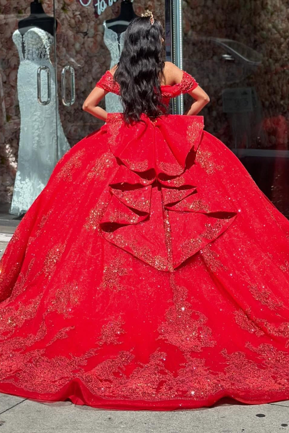 Red Sparkle Princess Quinceanera Dress with Off-Shoulder Bow and Tulle Applique
