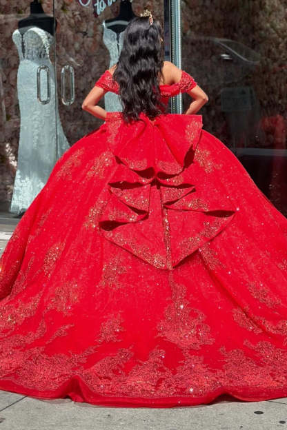 Red Sparkle Princess Quinceanera Dress with Off-Shoulder Bow and Tulle Applique