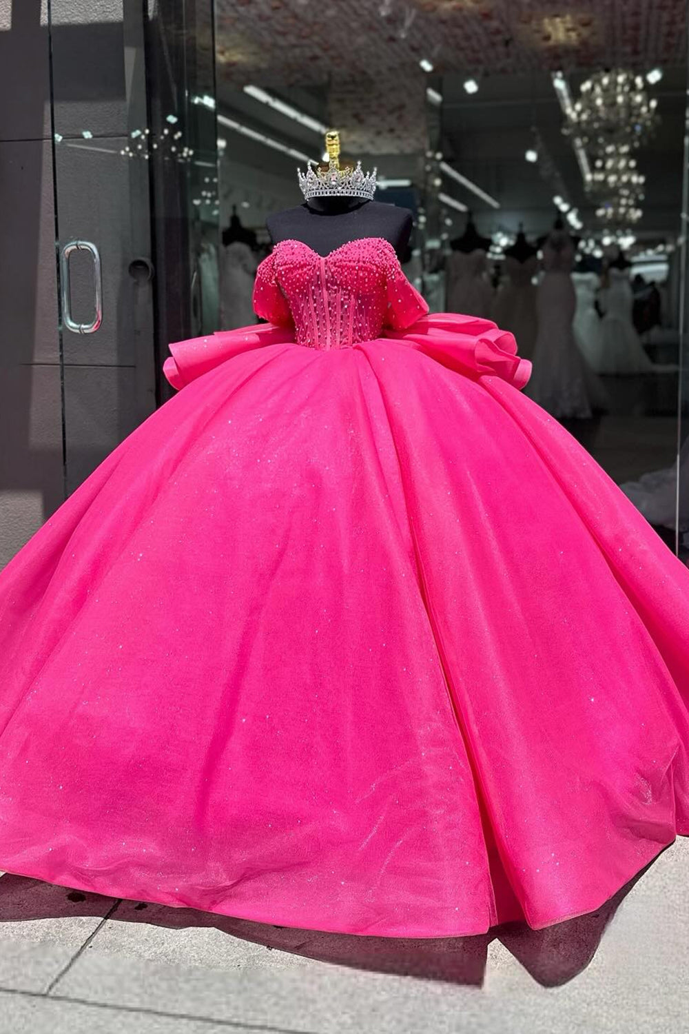 Fuchsia Beaded Off-the-Shoulder Sparkly Tulle Ball Gown with Bow for Quinceanera