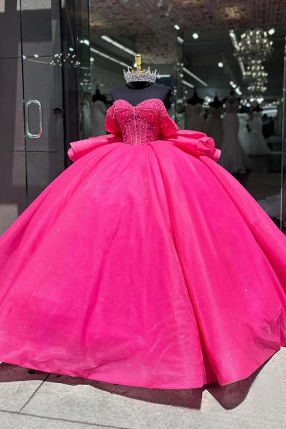 Fuchsia Beaded Off-the-Shoulder Sparkly Tulle Ball Gown with Bow for Quinceanera