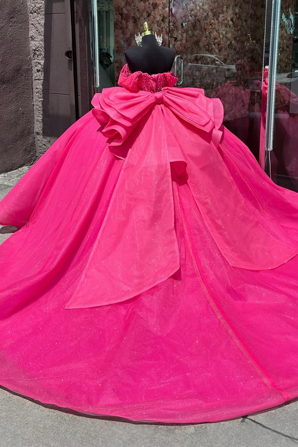 Fuchsia Beaded Off-the-Shoulder Sparkly Tulle Ball Gown with Bow for Quinceanera