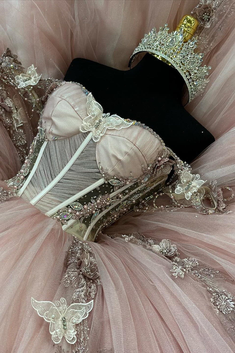 Off the Shoulder Beaded Ball Gown in Blush Tulle for Quinceanera