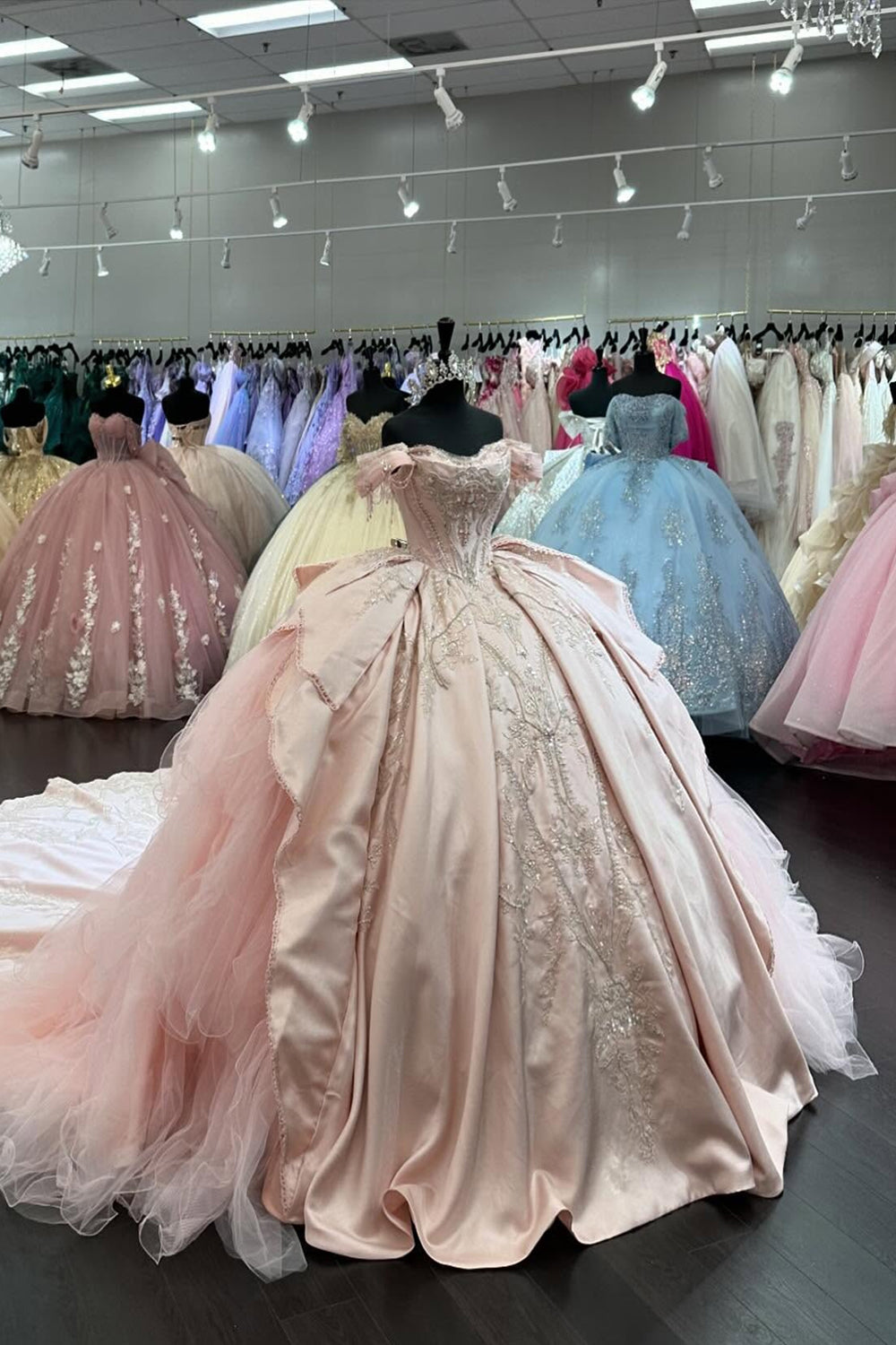 Off the Shoulder Sparkly Blush Satin Ball Gown with Appliqued Chapel Train for Quinceanera