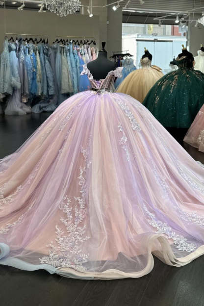 Princess Quinceanera Tulle Dress with Beaded Applique and Off-the-Shoulder Blush Design