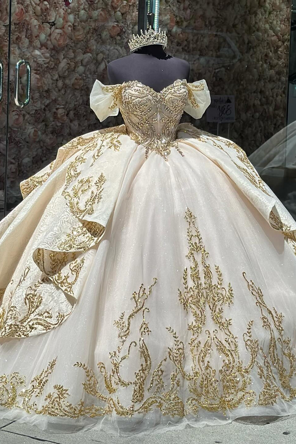 Off the Shoulder Sparkly Apricot Ball Gown with Bow and Tulle Applique for Quinceanera
