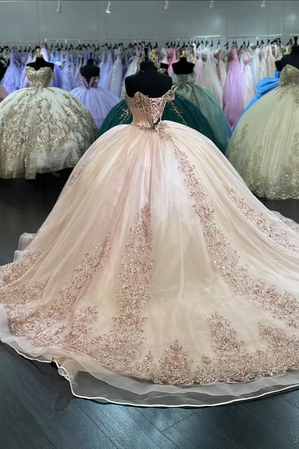 Off the Shoulder Sparkly Blush Ball Gown with Appliqued Tulle Train for Quinceanera