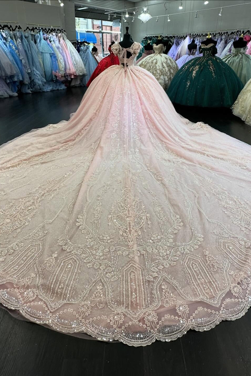 Princess Tulle Quinceanera Dress with Sparkly Blush Beaded Applique and Square Neck Train